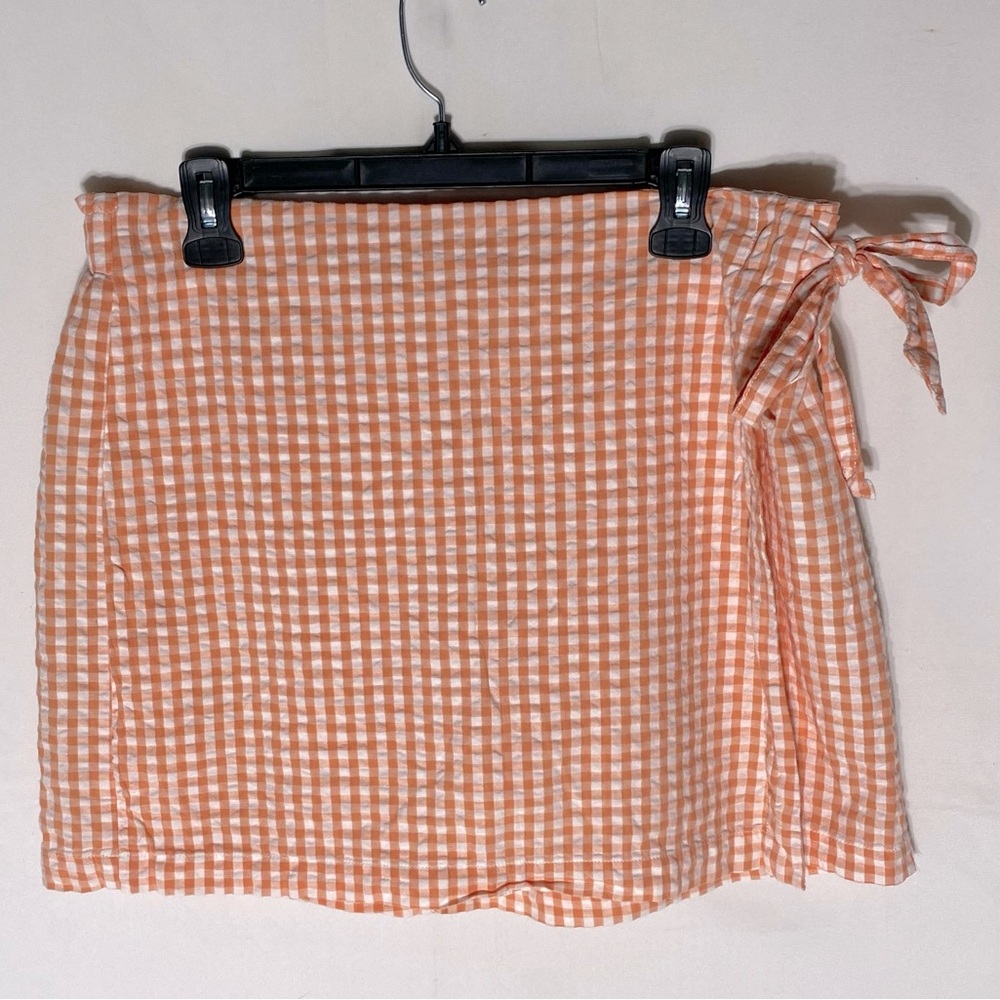 Reitmans Orange White Gingham Plaid Cotton Seersucker Faux Wrap Skirt Skort 14